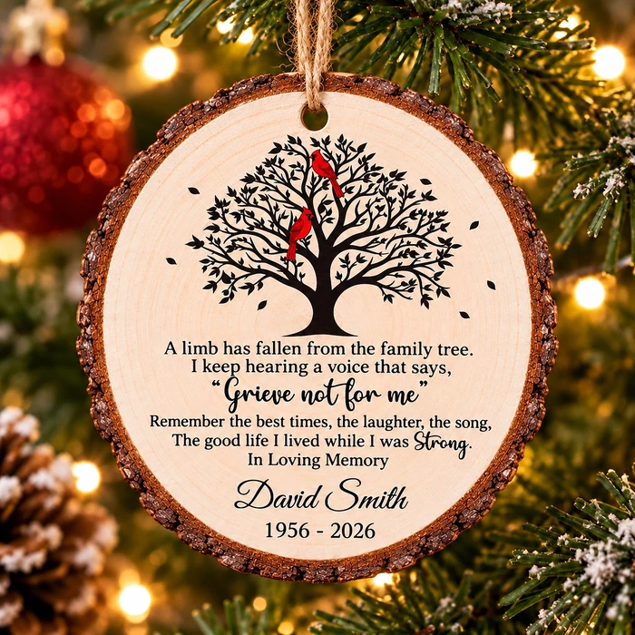 Personalized Wood Memorial Christmas Ornament - Custom Name And Years Cardinal Family Tree Sympathy
