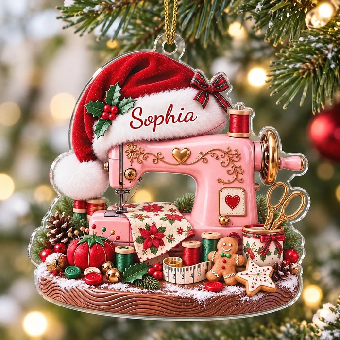 Personalized Seamstress Christmas Ornament Custom Name, Pink Sewing Machine Keepsake, Sewing Lover Holiday Decor, Crafter Gift