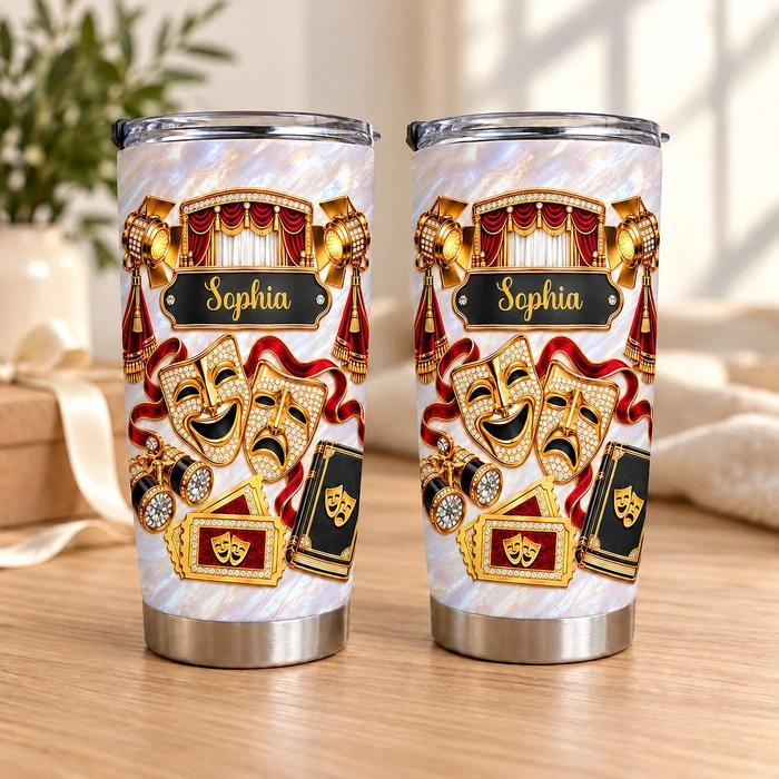 Personalized 20oz Tumbler Custom Name – Theater Lover Gift, Drama Stage Musical Theatre Stainless Steel Travel Cup, Actress Gift