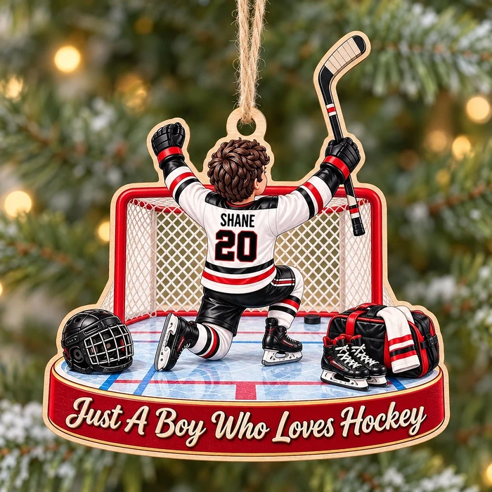 Personalized Hockey Boy Wood Christmas Ornament Custom Name And Jersey Number Hockey Player