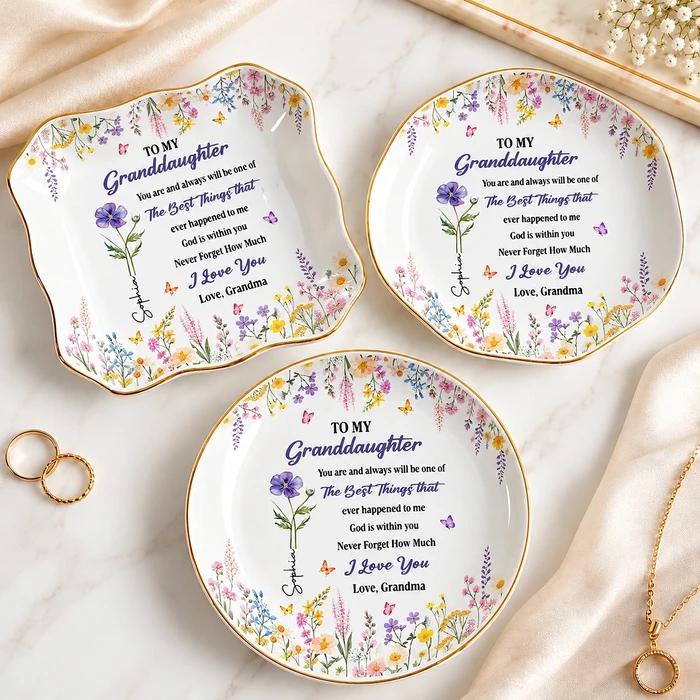 Personalized Ring Dish Custom Birth Flower And Name Granddaughter Gift Grandma Keepsake Jewelry Holder Floral Ring Tray Gift