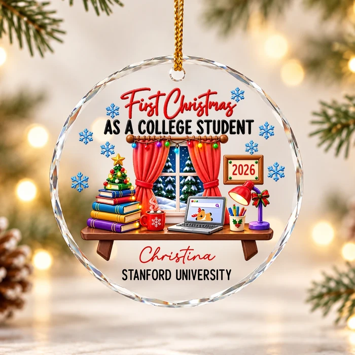 Personalized Round Glass Christmas Ornament Custom Name And University – First Christmas As A College Student 2026, College Keepsake Holiday Tree Decor Gift