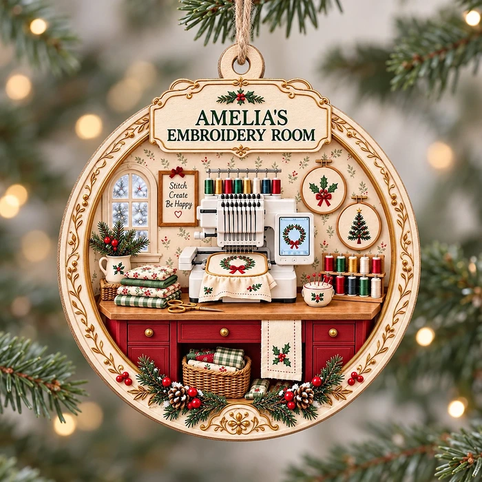 Personalized Wood Shaped Christmas Ornament Custom Name – Embroidery Room Keepsake, Embroidery Machine Sewing Lover Gift, Christmas Tree Decor