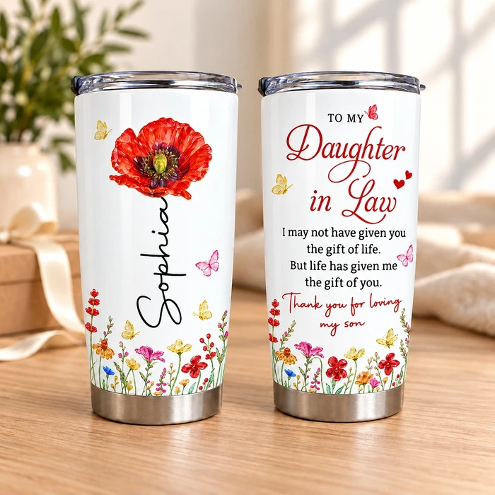 Personalized 20oz Tumbler Custom Birth Flower And Name – Daughter In Law Gift, Floral Keepsake Travel Cup, Mother In Law Christmas Gift