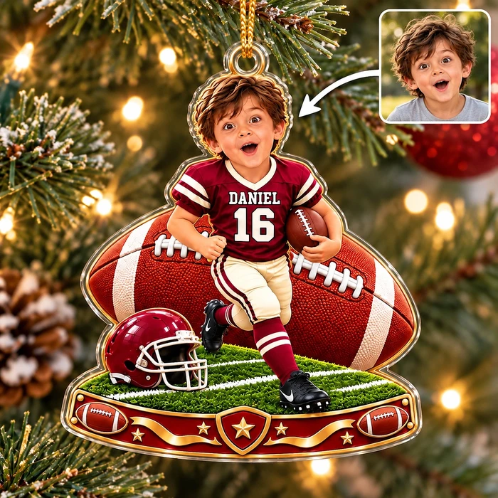 Turn His Favorite Photo Into A Football Star Personalized Christmas Ornament, Custom Name & Number, Football Player Keepsake Gift