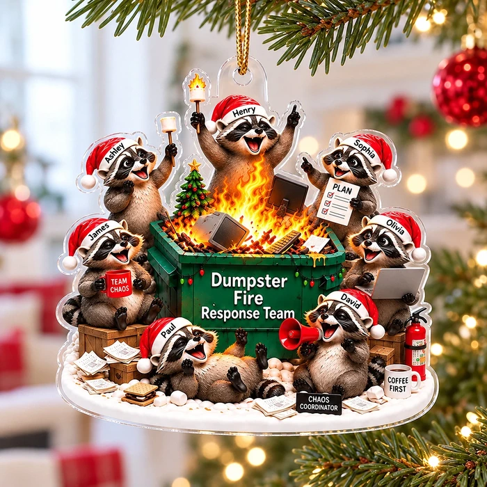 Personalized Raccoon Dumpster Fire Acrylic Christmas Ornament Custom Names
