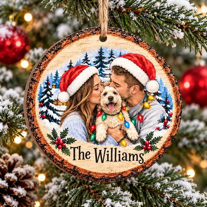 Personalized Snowy Pine Forest Christmas Ornament - Custom Family Photo And Name