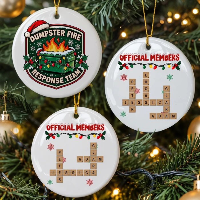 Custom Name Dumpster Fire Christmas Ornament, Personalized Official Members Keepsake, Funny Family Team Holiday Tree Decor, Christmas Gift