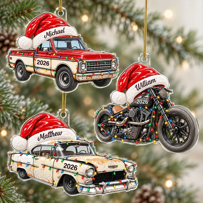 Custom Classic Vehicle Acrylic Christmas Ornament - Personalized Name And Year