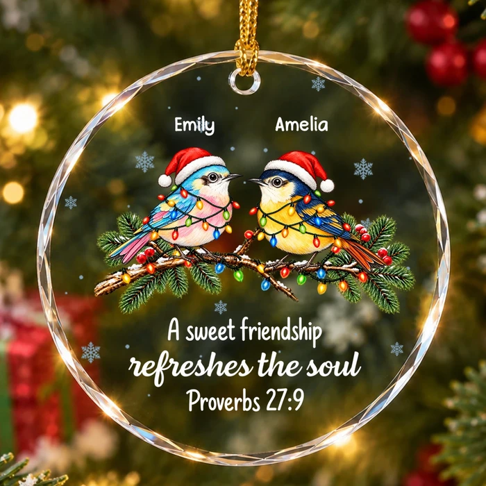 Christmas Birds Friendship Proverbs 27:9 – Personalized Best Friend Names Round Glass Ornament, Custom Christian Friendship Gift
