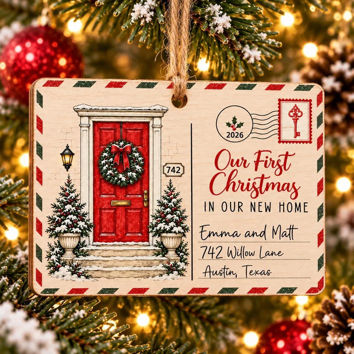 Our First Christmas In Our New Home – Personalized Wooden Christmas Ornament With Custom Name & Address