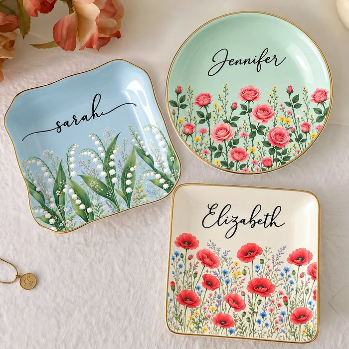 Personalized Flower Ring Dish Custom Name, Botanical Jewelry Tray, Elegant Vanity Trinket Dish, Birthday Christmas Gift For Mom Sister