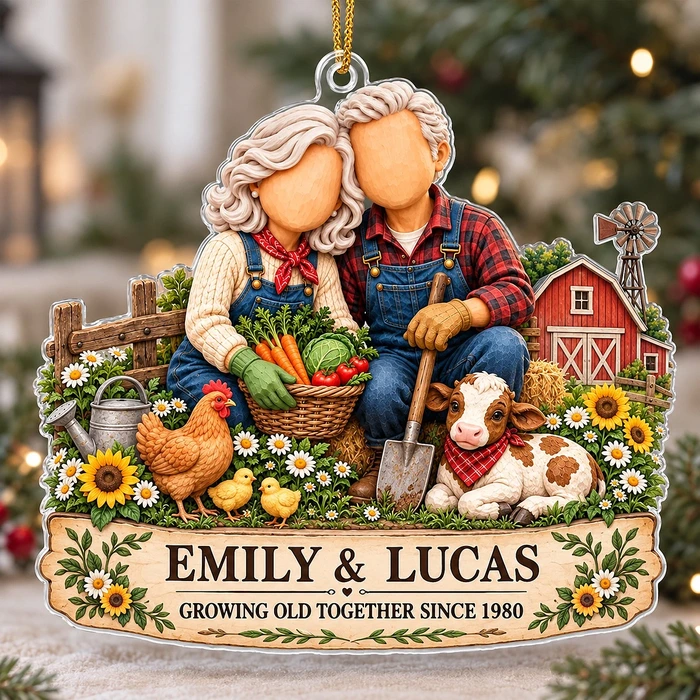Growing Old Together On The Farm – Personalized Acrylic Ornament, Custom Farmer Couple Names & Year, Anniversary Gift For Grandparents