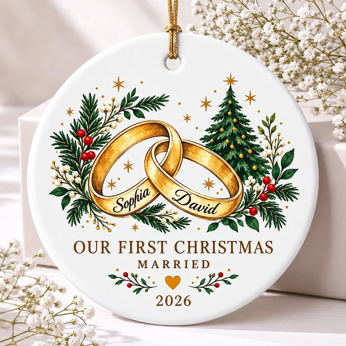 Custom First Christmas Married Rings Ornament