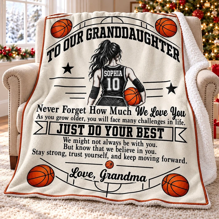 To My Granddaughter Basketball – Personalized Sherpa Fleece Blanket With Custom Name & Jersey Number, Gift From Grandma