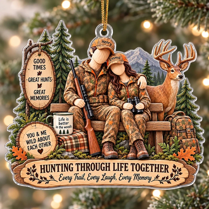 Hunting Through Life Together – Personalized Hunting Couple Acrylic Christmas Ornament With Custom Names, Gift For Hunters