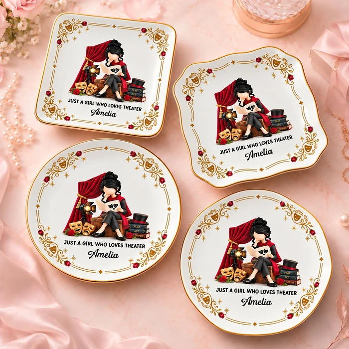 Personalized Ring Dish Custom Name – Theater Lover Gift for Actress Drama Student, Musical Theatre Jewelry Holder, Stage Lover Keepsake Gift
