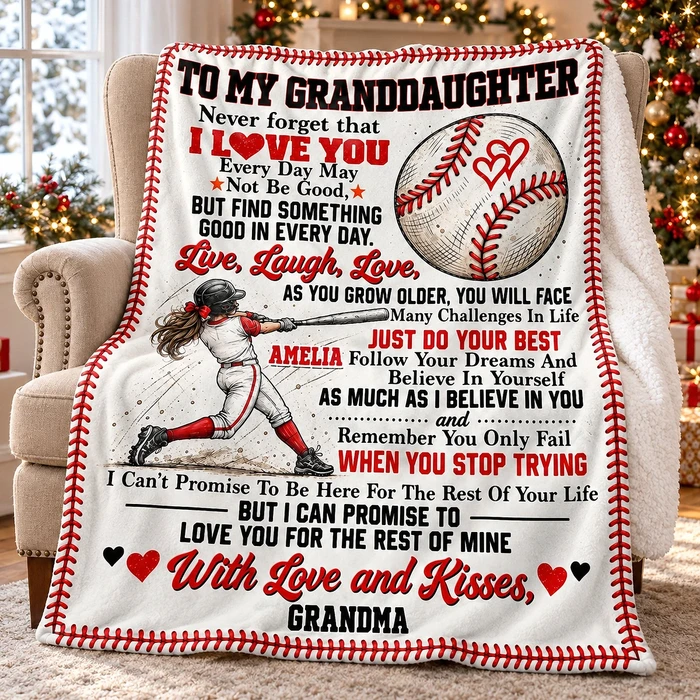 Personalized Fleece Sherpa Blanket Custom Name – To My Granddaughter Baseball Gift, Grandma Love Keepsake, Soft Sports Blanket for Girl, Birthday Christmas Gift