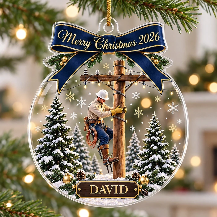 Custom Electrician Acrylic Christmas Ornament - Snowy Power Pole Design, Personalized Name and Year