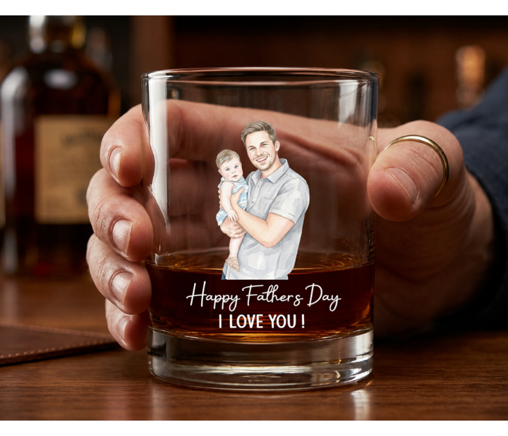 Custom Photo Pencil Sketch Best Dad Ever - Personalized Whiskey Glass