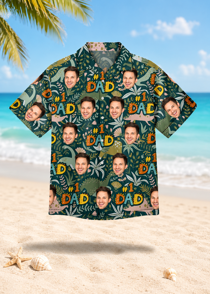 Hawaiian Shirt Custom Photo Dad Dino #1 Personalized Vacation Gift