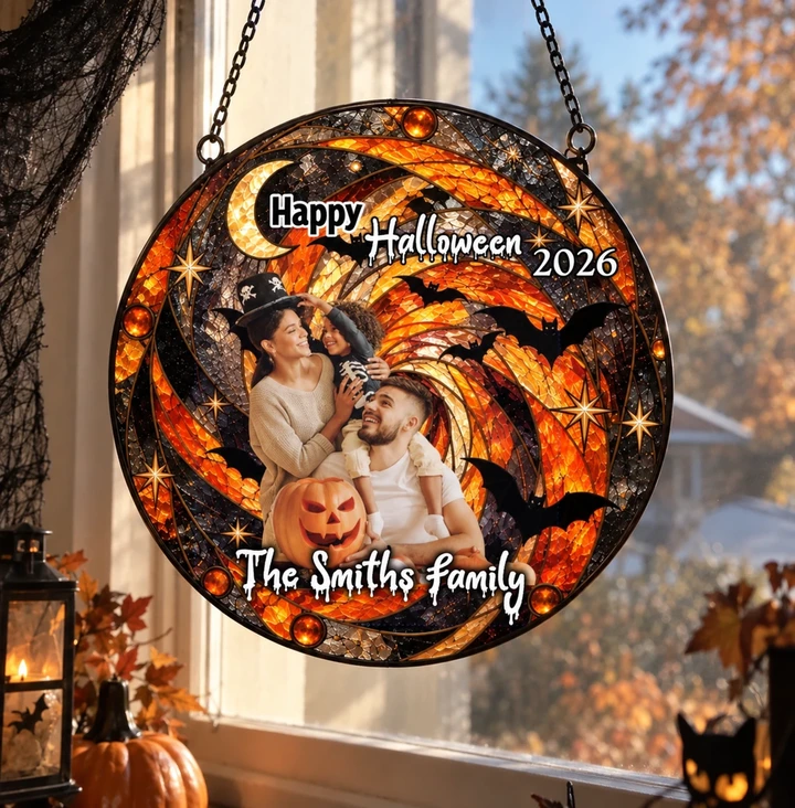 Custom Spiral Bat Photo Halloween Suncatcher