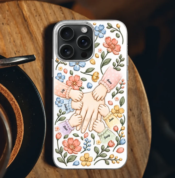 Your Little Hands My Whole Heart Personalized Phone Case, Custom Kids Names Floral Family Case, Mom Dad Gift