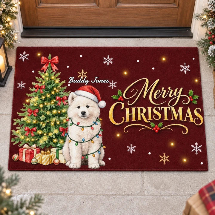 Custom Pet Picture Santa Hat and Christmas Lights - Personalized Christmas Dog Doormat