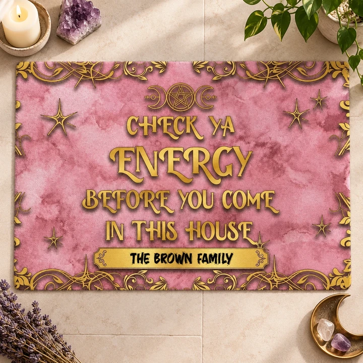 Custom Family Name Check Ya Energy Welcome Mat - Personalized Spiritual Doormat