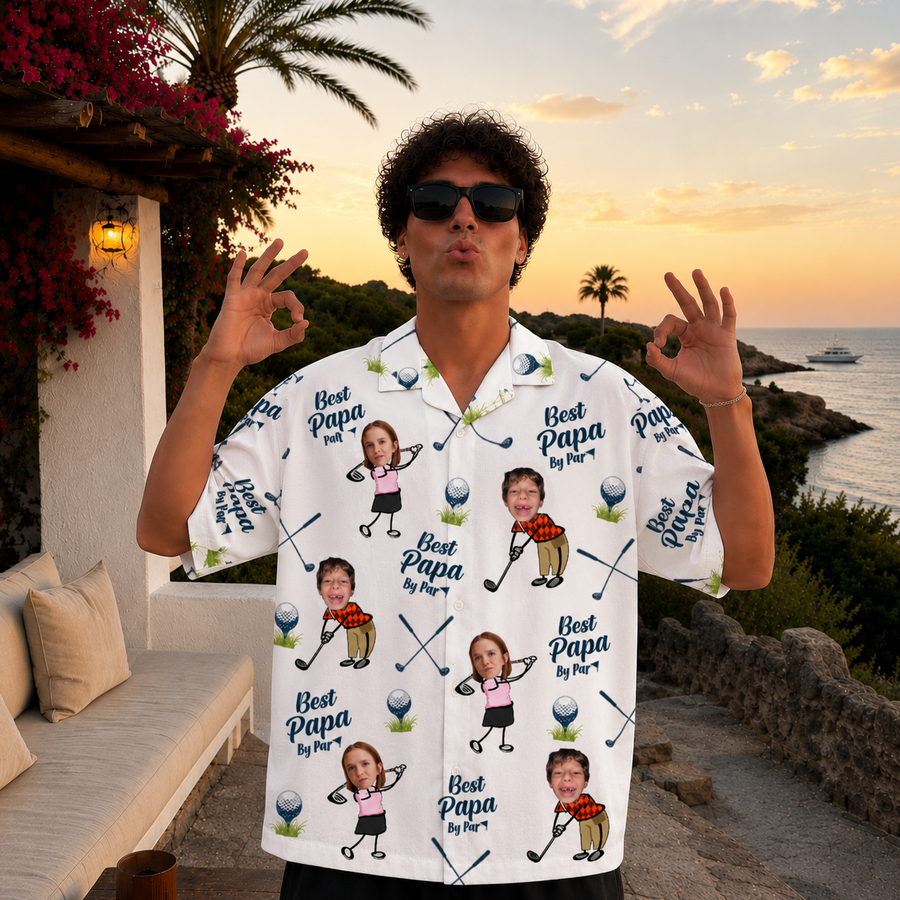 Best Papa Hawaiian Shirt – Custom Kid Portrait Vacation Aloha Tee, Fun Tropical Hawaiian Shirt for Dad and Grandpa