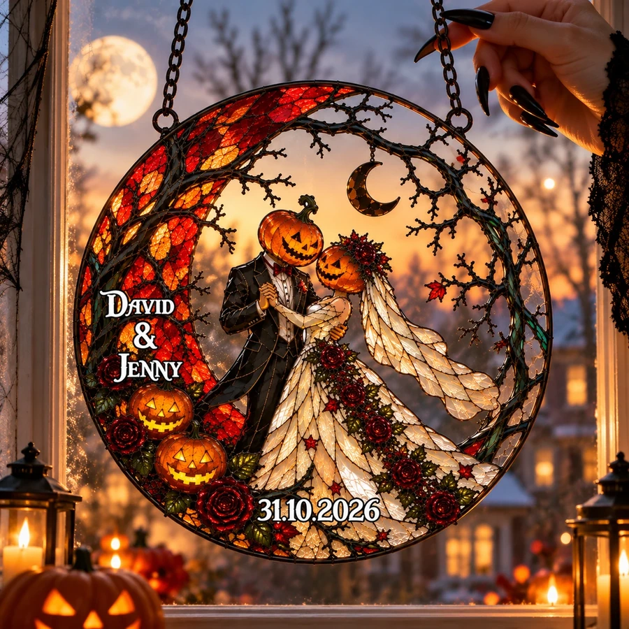 Custom Halloween Pumpkin Couple Suncatcher