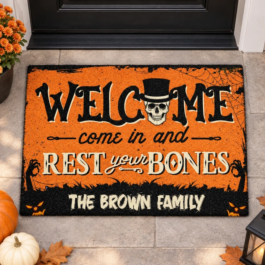 Personalized Family Name Rest Your Bones Floor Mat - Halloween Welcome Doormat, Vintage Orange and Black Halloween Decor