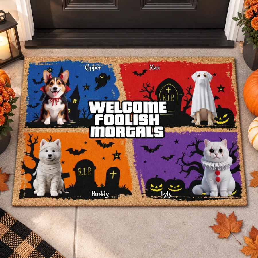 Custom Halloween Pet Photo Doormat - Personalized Multiple Dogs and Cats Portrait